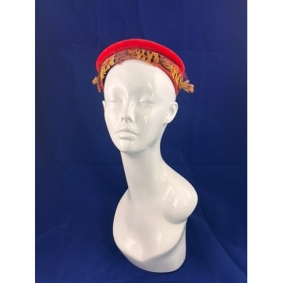 Accessories - Vintage 50s Red Tilt Hat Feather Cocktail Fascinator Wool Felt Headpiece